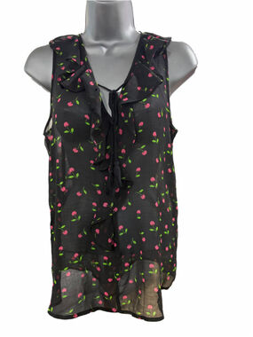 8. Women's No Boundaries Cherry Print Ruffle Blouse Black Pink Size L